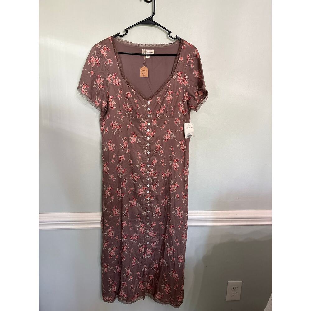Lucky Brand Floral Midi Dress – Lace Trim – Taupe Pink – Size Large NWT